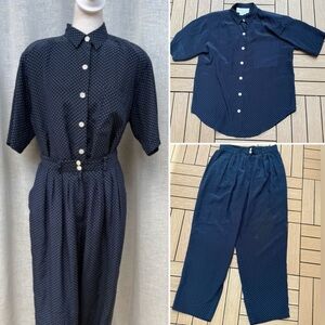 Addriene Vittadini navy blue polka dots top pants silk ensemble set